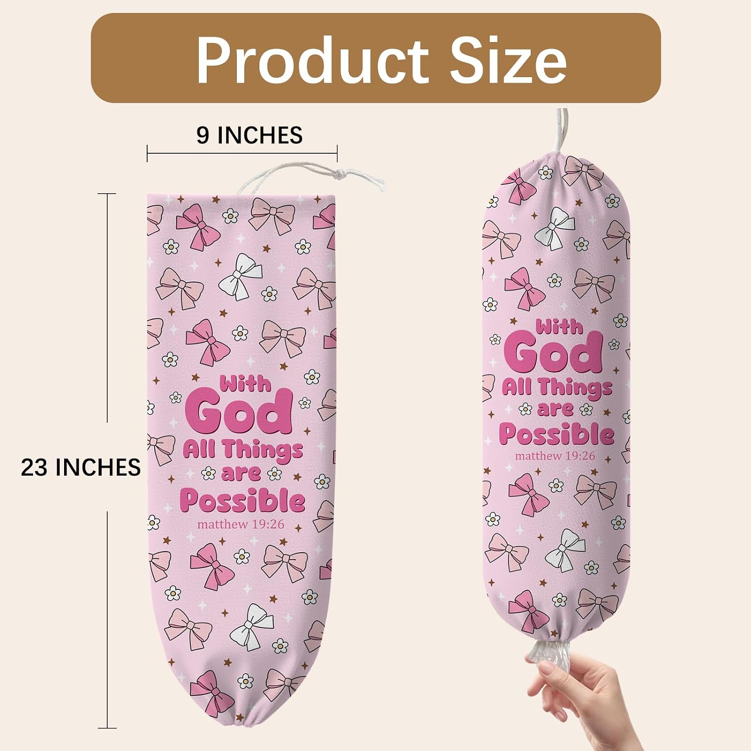 Pink Bow Plastic Bag Holder, Wall Mount Organizer for Reusable Canvas Grocery Bags, Decorative Home Kitchen Pantry Decor Hanging Bag Dispenser, Christian Shopping Bags Storage Dispenser image 2