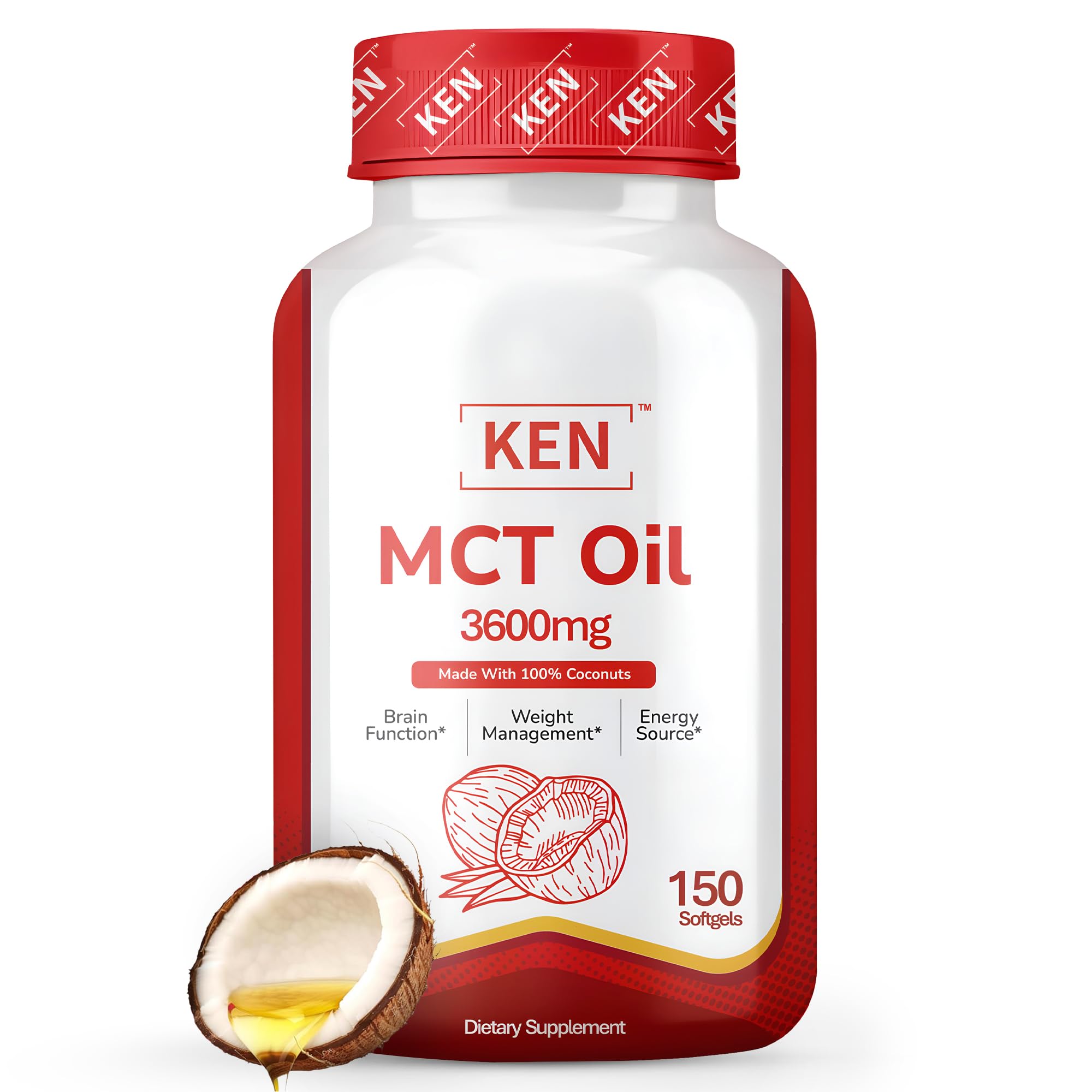 KEN Premium MCT Oil Supplement, 3600 MG Softgel, Keto Supplements for Ketosis from Pure Coconut Oil, Weight Management, Brain Fuel and Metabolic