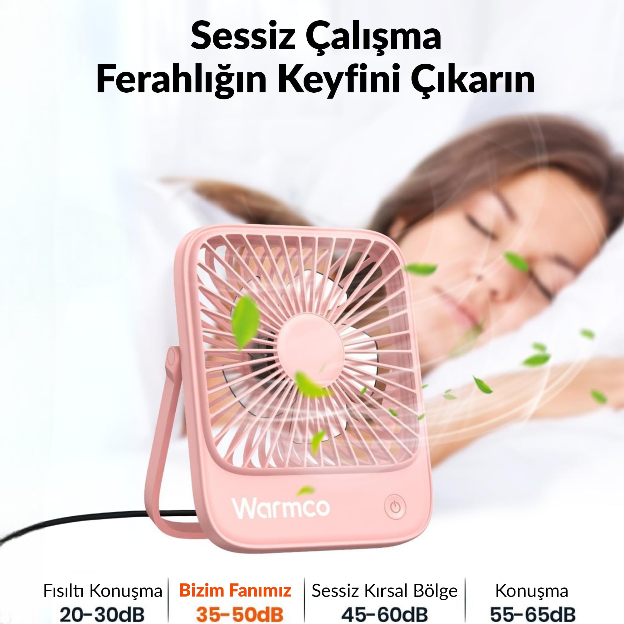 Warmco D1 Masaüstü Vantilatör USB ve Type-C Bağlantılı Taşınabilir Ultra İnce Soğutucu Fan Pembe