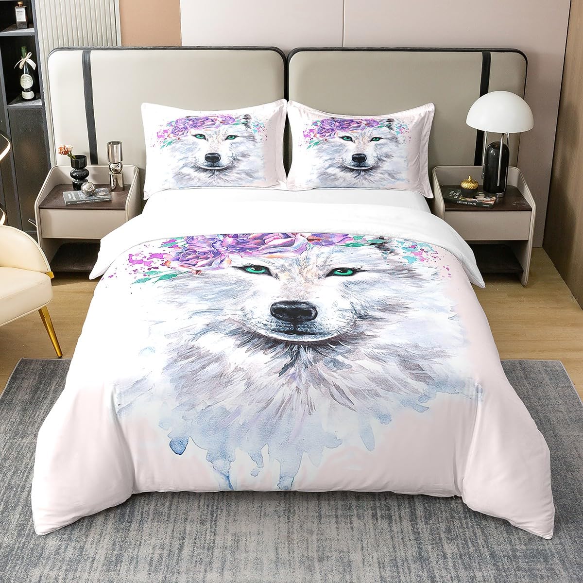 Housse de couette noir blanc loup aux yeux verts en coton imprimé haute définition