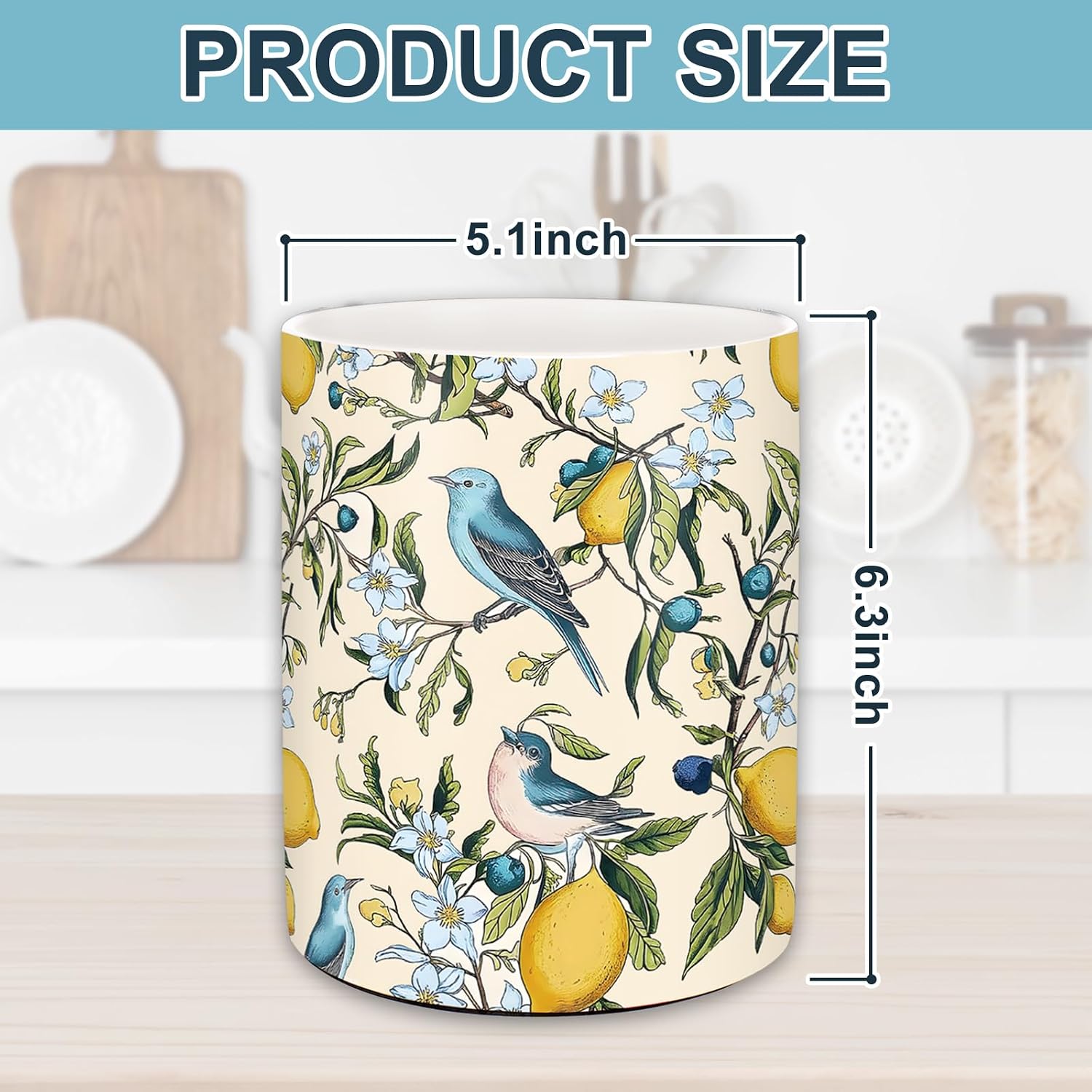 JarThenaAMCS Lemon Hummingbird Ceramic Utensil Holder 6.3 Inch Summer Kitchen Crock Vintage Yellow Lemon Blue Bird Countertop Storage Organizer for Farmhouse Home Container Cooking Gift