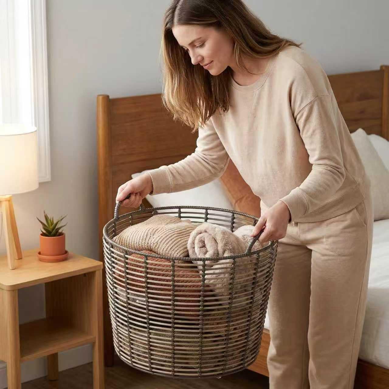 76QT Rattan Woven Basket With Handle, Extra-Large Storage Basket,Used for Storing Clothes, Towels and Various Household Items. Perfect for Living Rooms, Bedrooms, Bathrooms and Dormitories.