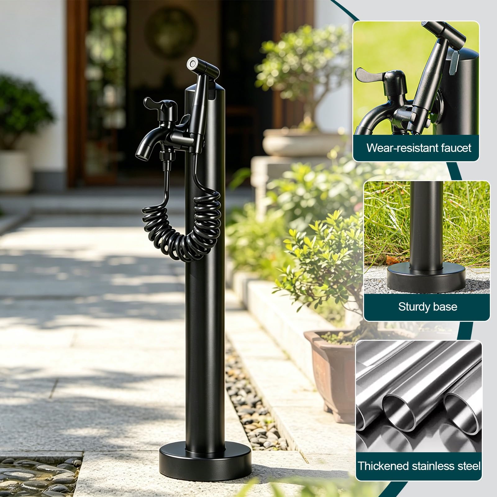 Colonna d'acqua verticale da giardino in acciaio inox con rubinetto e pistola a spruzzo, prolunga resistente al gelo per giardini, cortili, prati, terrazze, irrigazione e pulizia (60 cm / 23.6 in)