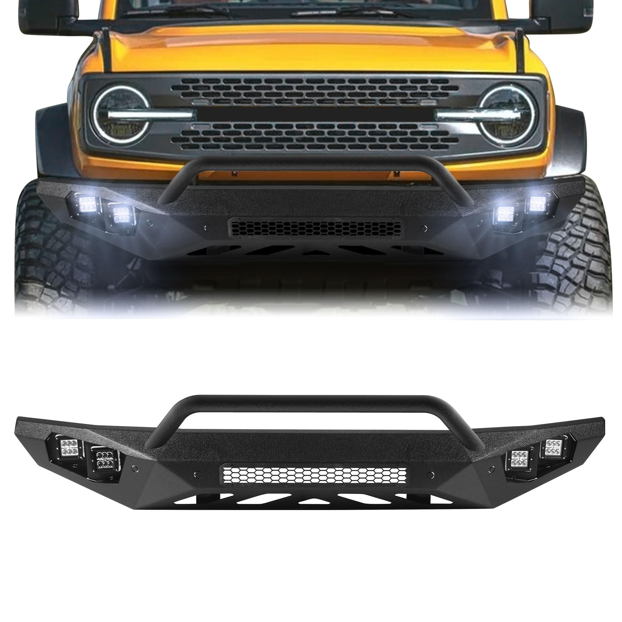 Off Road Front Bumper for Ford Bronco 2021 2022 2023 2024 (Not for Bronco Sport), Full Width Front Bumper W/4 LED Lights, Sensor Holes, Detachable Bull Bar, Rock Crawler Thickened Carbon Steel