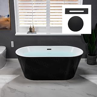 WOODBRIDGE 59" Acrylic Freestanding Bathtub Contemporary Soaking Black Tub with Matte Black Overflow and Drain，B1814-MB