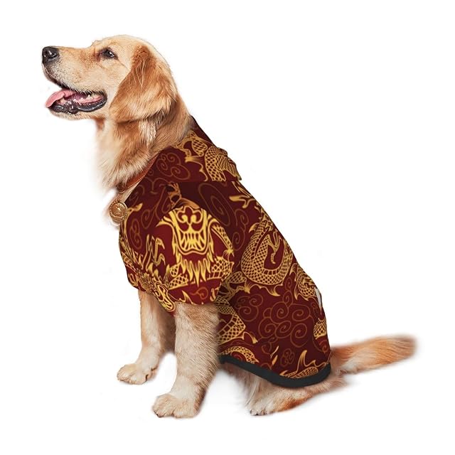 Foto 5 de 7 de Sudadera con Capucha para Perro Grande, diseño de Dragones Dorados, Rojo, Ropa para Mascotas