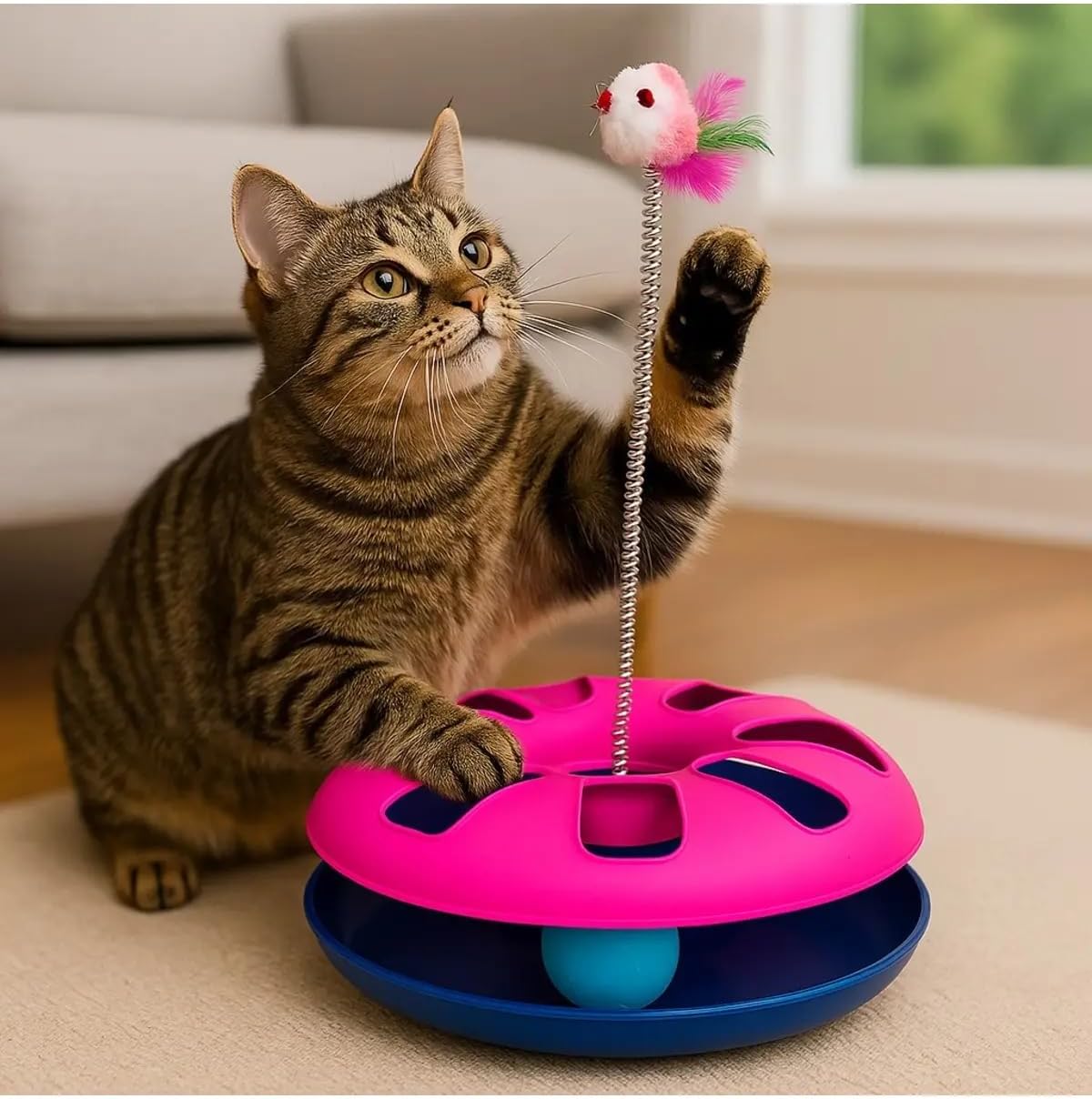 TİNEKE Çıngarak Toplu Yaylı Fareli Kedi Çember Oyuncağı Eğlence Aksesuarı Kedi Oyun Çemberi PEMBE