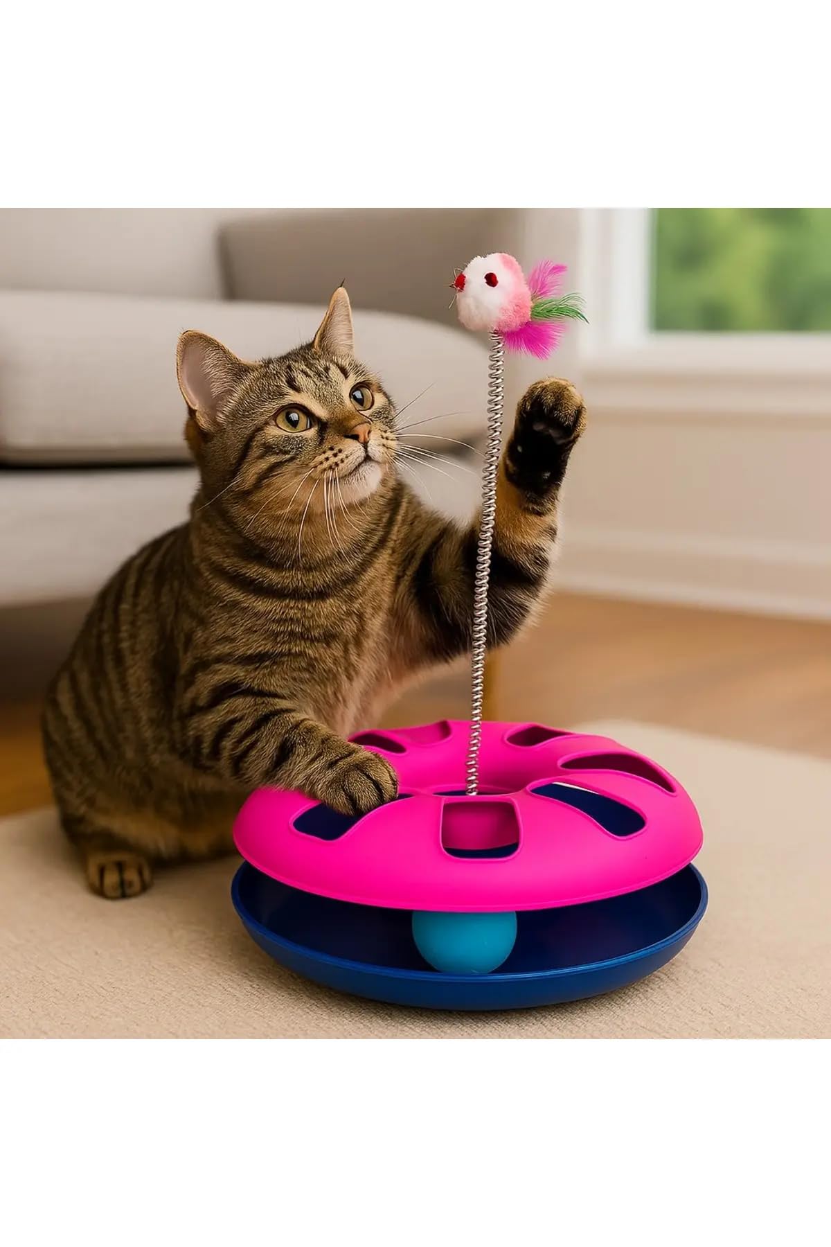TİNEKE Çıngarak Toplu Yaylı Fareli Kedi Çember Oyuncağı Eğlence Aksesuarı Kedi Oyun Çemberi PEMBE