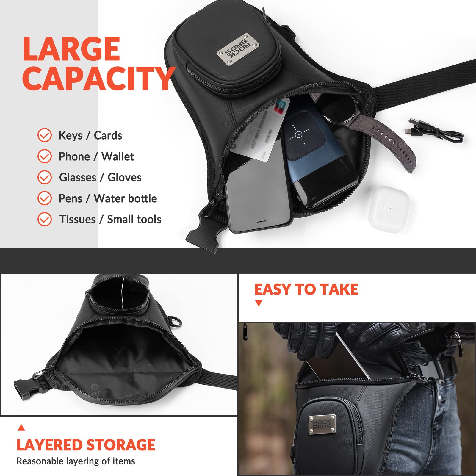 ROCKBROS Bumbag Motorcycle Waist Bag for Men Woman Adjustable Fanny Pack with 2 Zipper Pockets Cycling Leg Bag with Removable Elastic Thigh Belt for Travel Hiking - Image 3