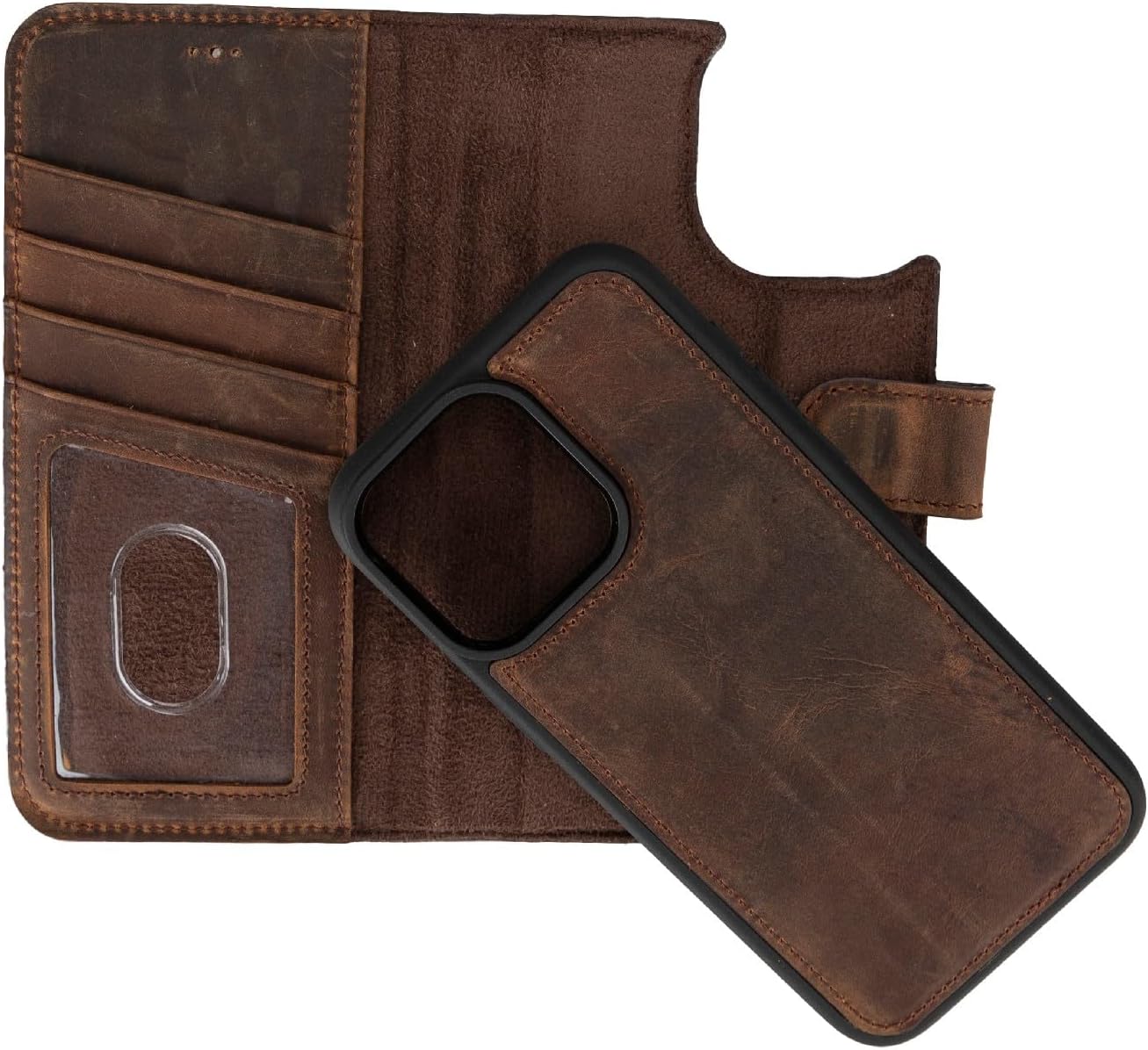 Soil Leather Wallet Case Compatible with iPhone 15 Pro Max - Full Grain Leather Folio Case, Detachable Cover with Card Slots, RFID Flip Stand Case (Coffee Brown)
