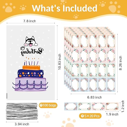 Miniatura 3 de VALUCKEE 100 bolsas de celofán con estampado de patas de perro de mayor capacidad, bolsas de golosinas para perros y gatos con calcomanías, bolsas