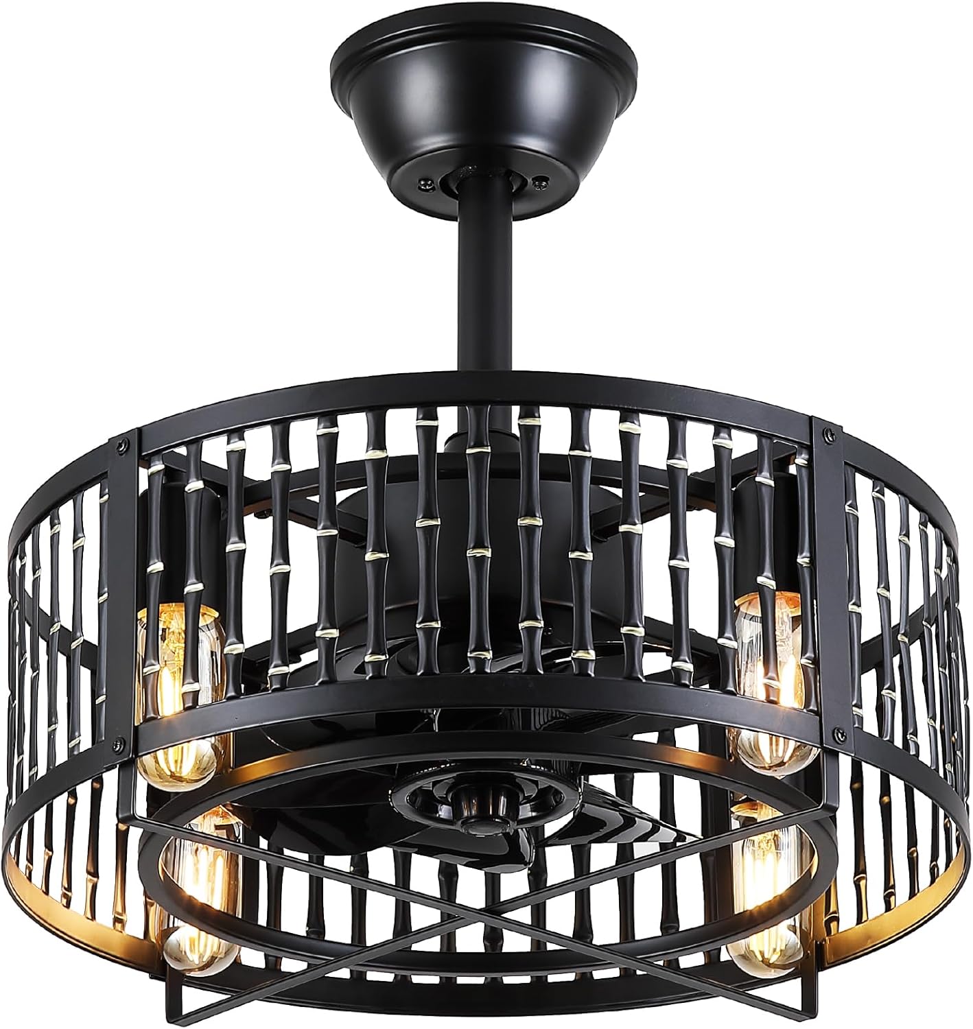 Dannilong Caged Ceiling Fans with Lights and Remote, Industrial Ceiling Fan with Light Bladeless, Small Ceiling Fan for Kitchen Bedroom Outdoor, 18 Inch Black Fandelier, Reversible Quiet Motor