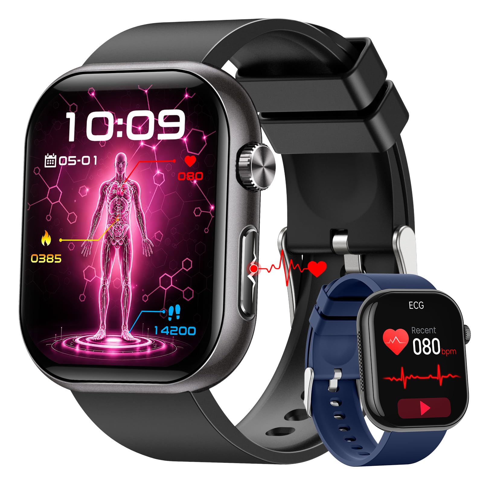 FOSMET Smartwatch Donna Salute, ECG, VFC, BMI, Micro-Check-Up, Sonno, Nero | 1.97" AMOLED Orologio Fitness, 24H Frequenza Cardiaca, SpO2, 140+ Sport Temperatura Chiamata Bluetooth Notifiche, Android iOS