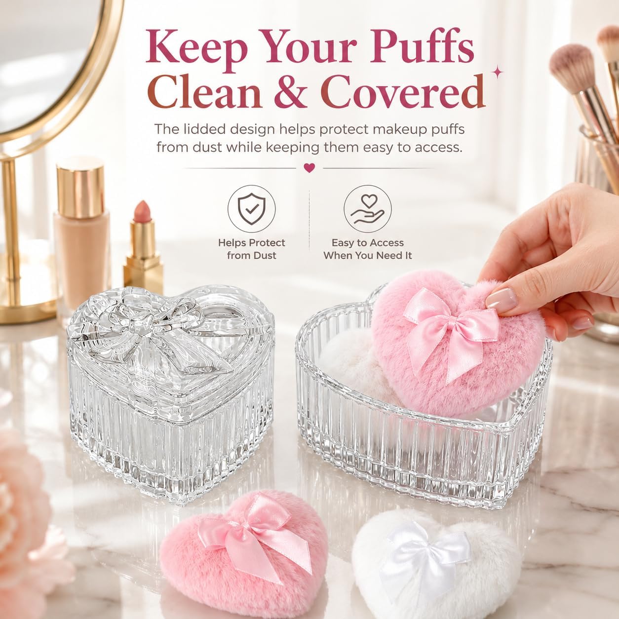 Dusting Powder Container with Puff, Heart Glass Powder Puff