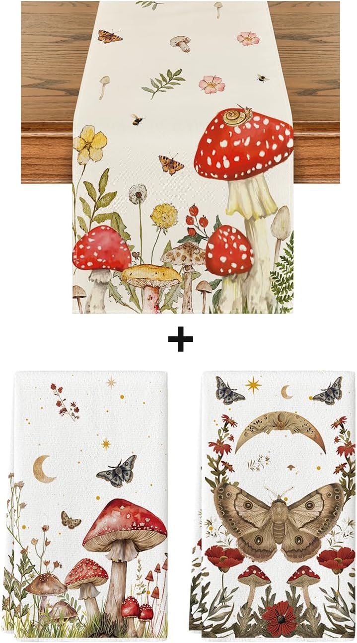 Artoid Mode Black Mushroom Moth Moon Dish Towels 18 x26 Inch 2 pcs and Table Runner 13x72 Inch