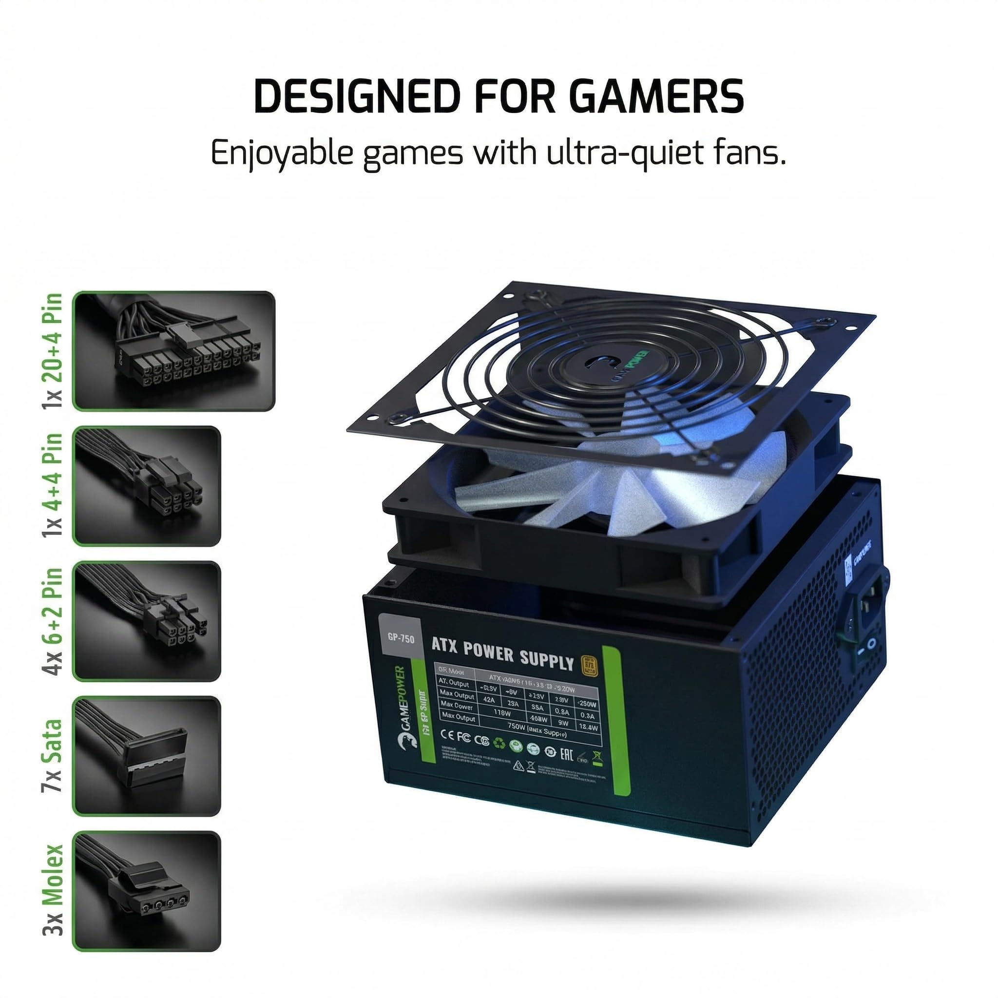 GAMEPOWER GP-650 ATX Netzteil, 650W, 80 Plus Bronze Zertifiziert, Ultra-leise 140-mm Lüfter, Aktive PFC-Effizienz, Effizienz von bis zu 85%, Gaming PC Power Supply