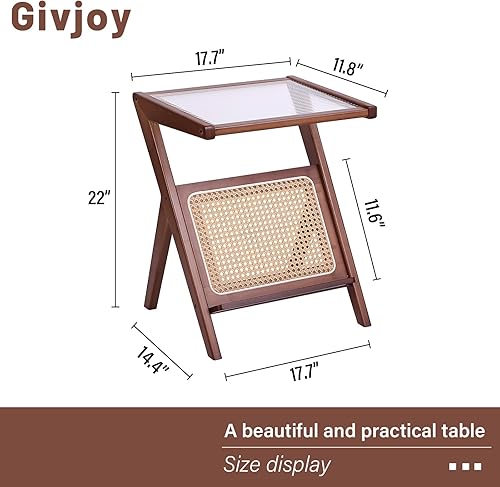 Miniatura 2 de Givjoy Mesa auxiliar de ratán, mesita de noche de cristal de mediados de siglo, mesa auxiliar de madera para espacios pequeños, sala de estar y