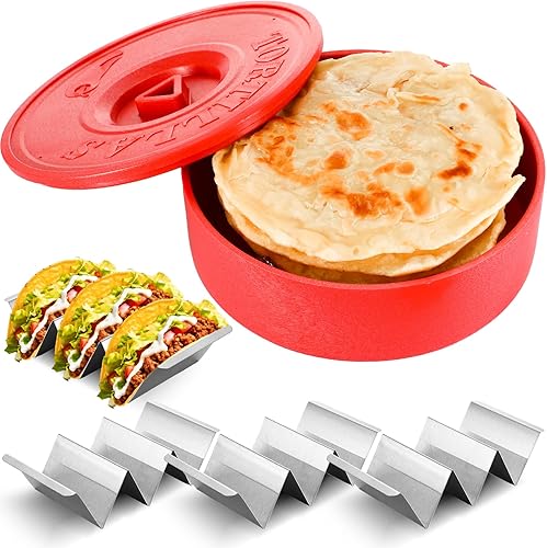 Uiifan Juego de calentador de tortillas con 4 soportes para tacos, calentador de tortillas y panqueques y soporte de acero inoxidable para tacos,