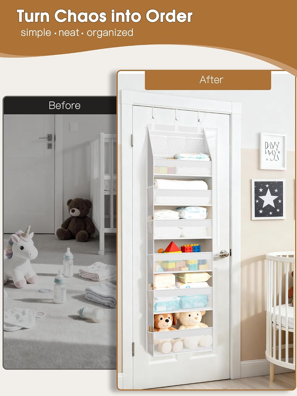 Criusia 2 Pack Over the Door Organizer, Heavy-Duty 6-Shelf Hanging Storage with 13 Mesh Pockets, 55lbs Capacity Behind the Door Storage for Nursery, Bathroom, Bedroom, and Dorm, White
