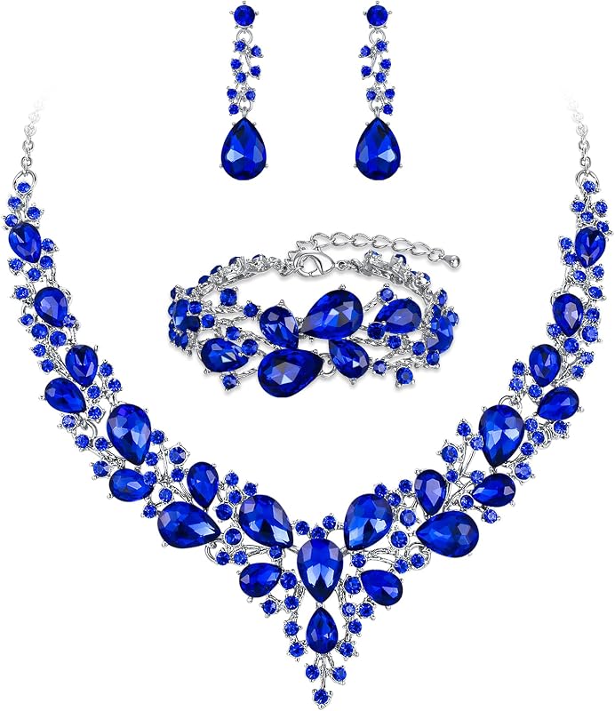 Conjunto de joyería nupcial de boda para mujer novia damas de honor | Precioso collar llamativo con forma de lágrima de cristal austriaco, pendientes colgantes, pulsera de eslabones, conjunto de joyería para graduación