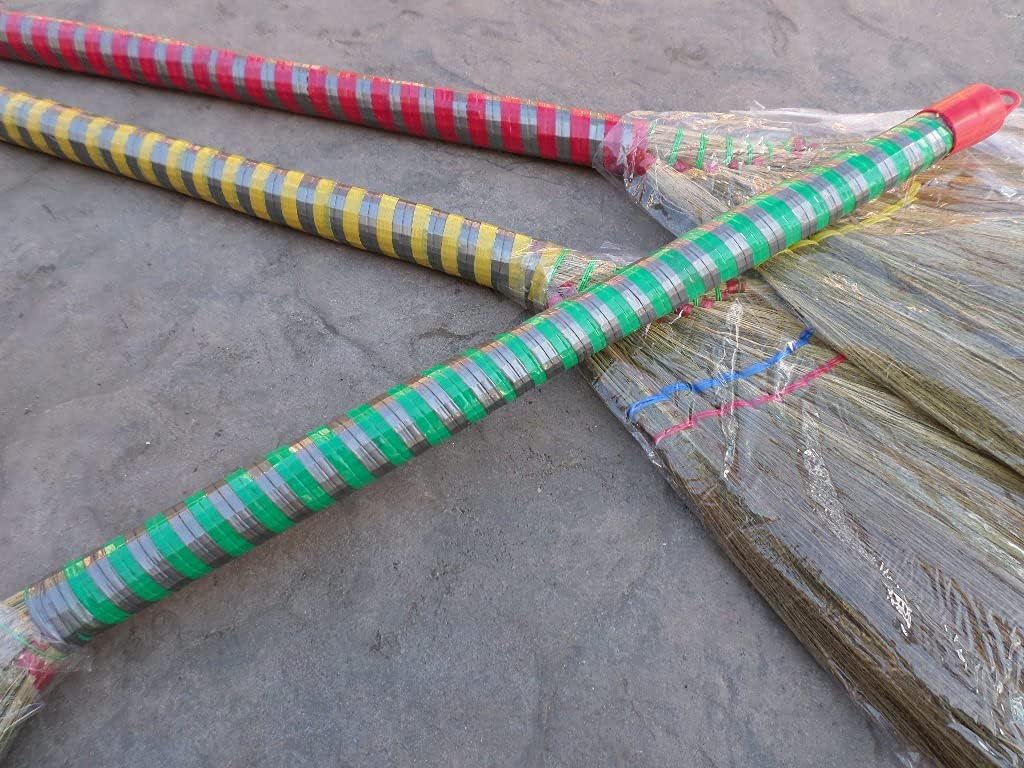 lot of 3 Pieces Vietnamese Soft Fan Straw Broom with Plastic wrap Straw Handle (chổi lúa) 40 inch and a Free Yellow Plastic Tube Handle Broom