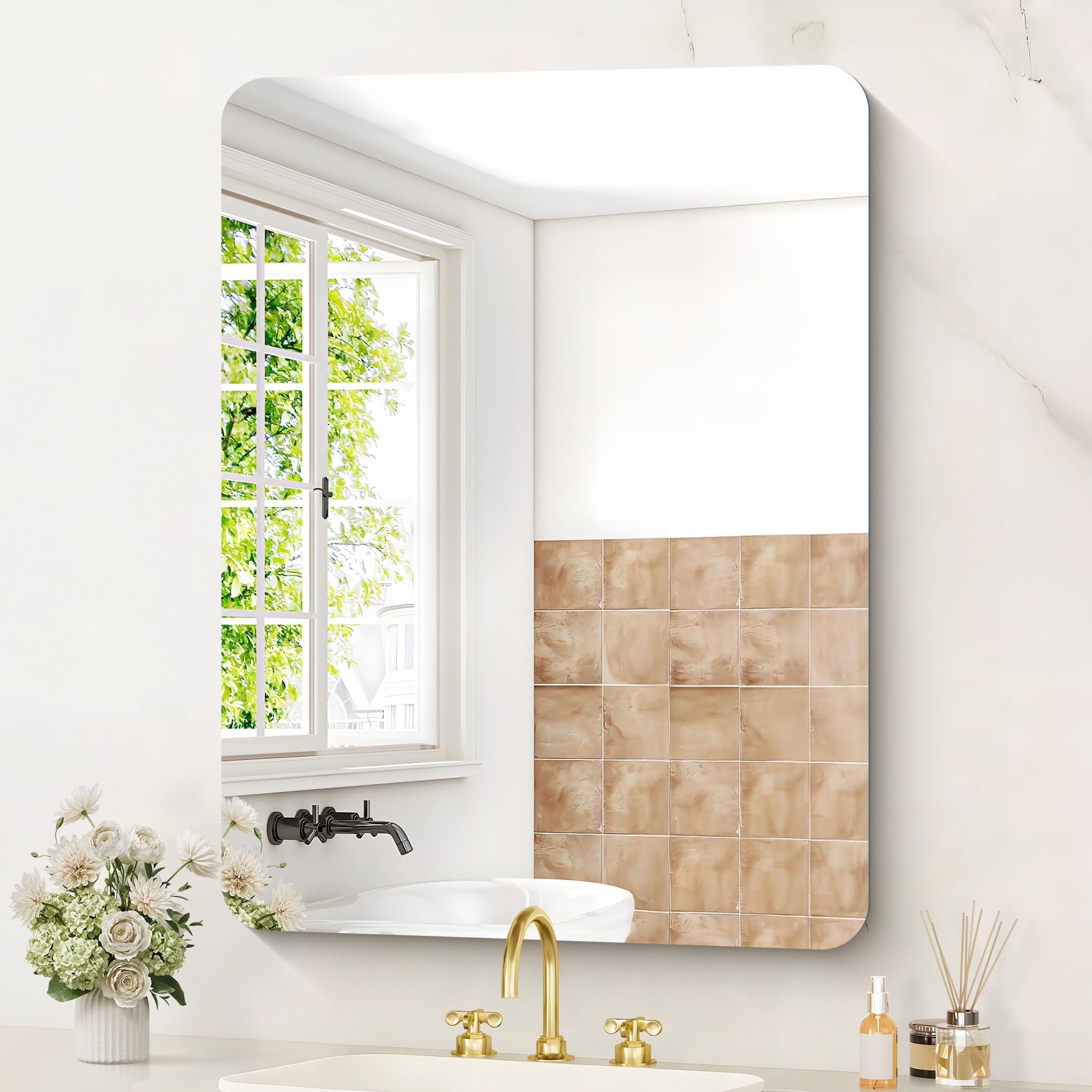 KOCUUY Espejo de baño Rectangular sin Marco, Espejo de Pared de 60 x 80 cm, Espejo con Cristal irrompible, reflexión HD, Esquinas Redondeadas, Adecuado para baños, dormitorios o vestidores.