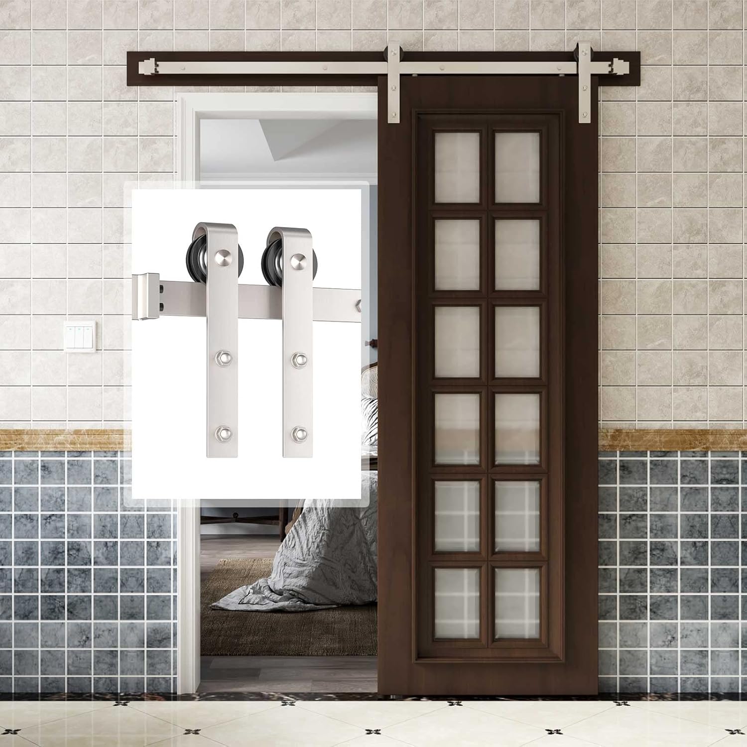 ROYMELO 5 FT Brushed Nickel Barn Door Hardware Track Kit