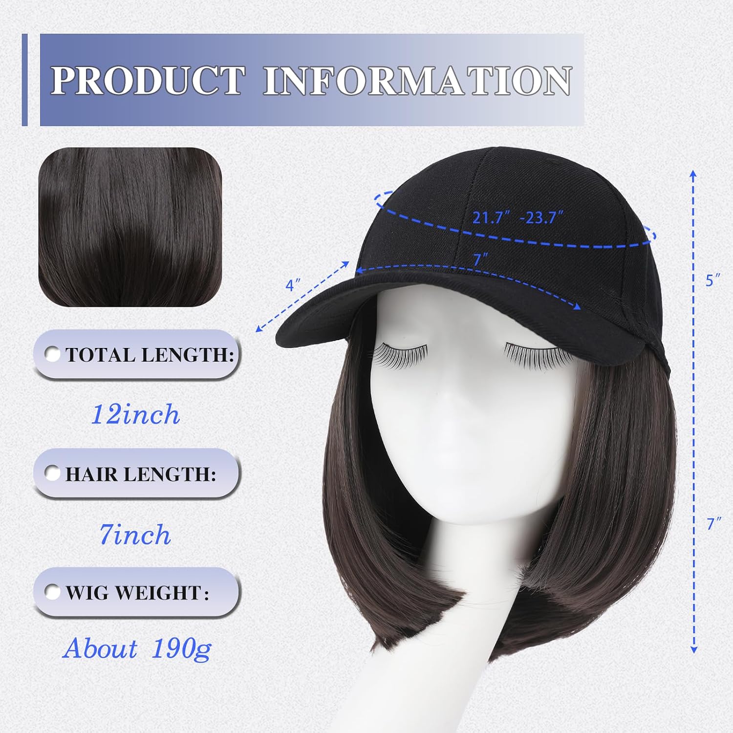 hat wigs for women baseball cap with hair extensions short straight bob hairstyle caps with hair attached adjustable baseball cap wig for daily party(12inch) 12 inch straight-4#