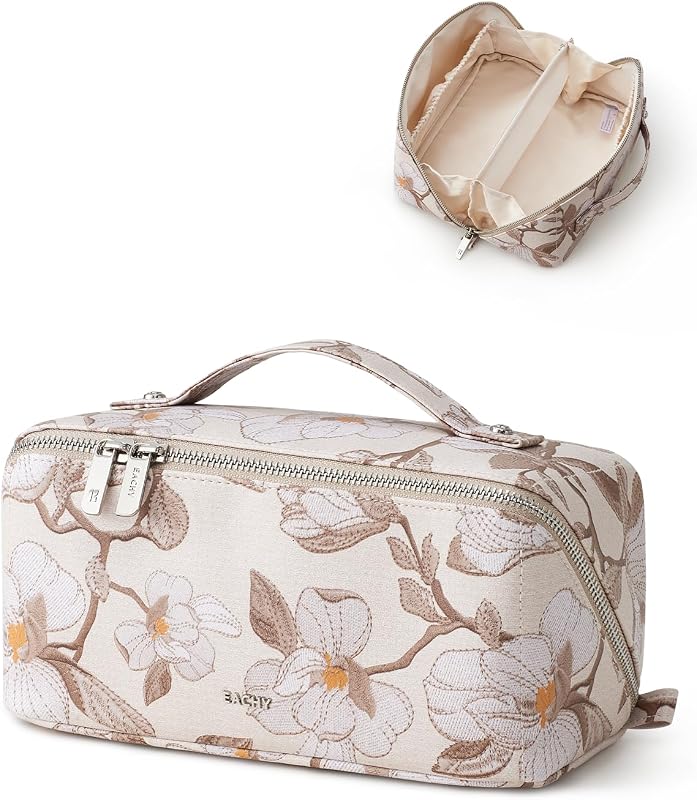 Necessaire de maquiagem EACHY em PU com estampa floral, abertura plana de 180° e divisória