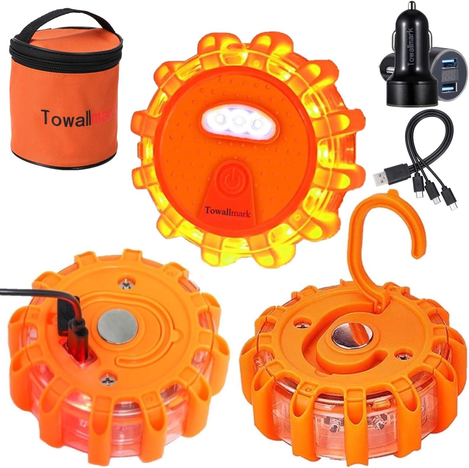 [3 Pack] LED Road Flare, USB Rechargeable Emergency Disc Beacon with 9 Flash Modes, 3 in 1 Charging Cable & Car Charger Roadside Flashing Warning Lights for Car Truck Boats（Batteries Included）