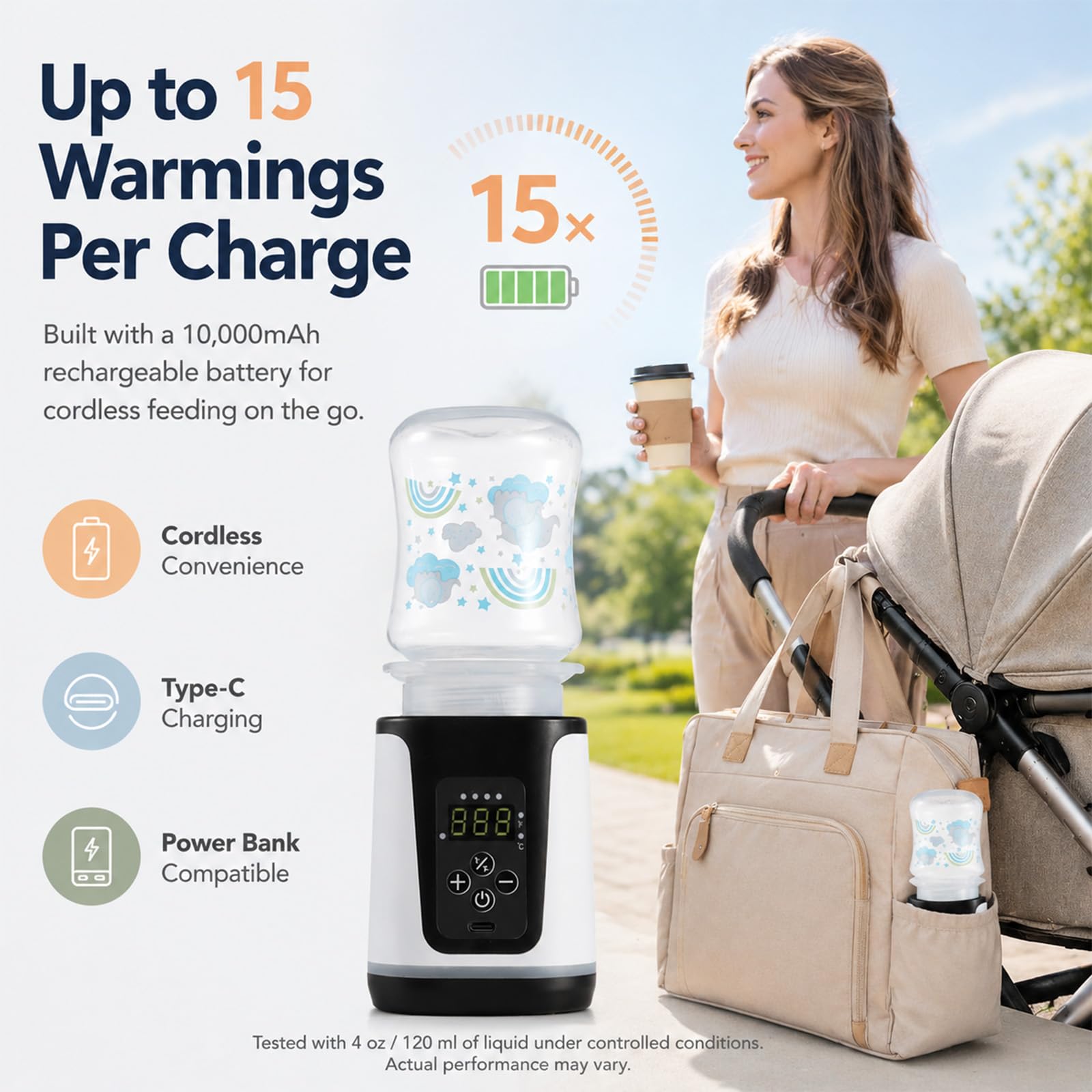 Chauffe-biberon portable – Deux modes de chauffage pour le lait maternel et l'eau de préparation, jusqu'à 15 réchauffements en déplacement, chauffage rapide sans fil, écran LED intelligent température