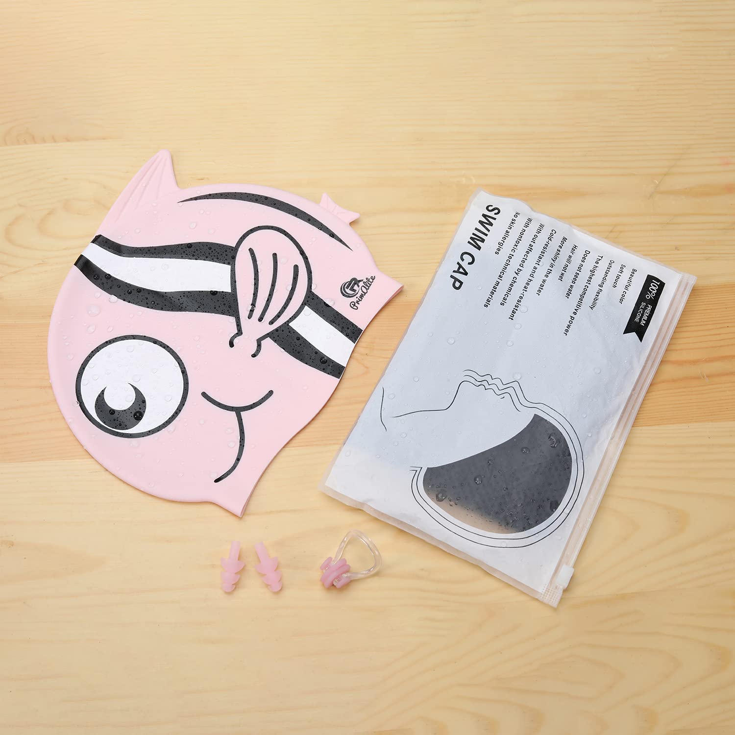 Primalite Swim Caps for Kids- Aged 3-12, Happy Fish Cartoon Design, Silicone Waterproof Comfy Bathing Cap Swimming Hat for Long & Short Hair, Waterproof Stretchy for Children, Boys & Girls- Pink 1
