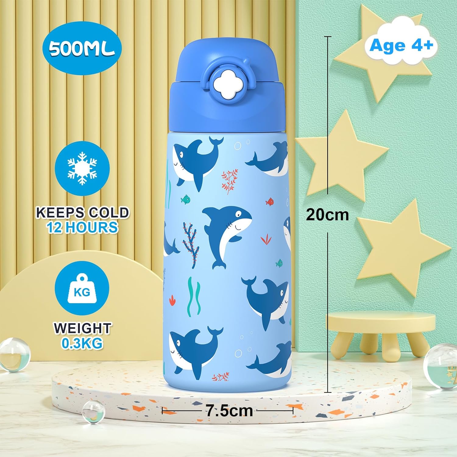 Boys Insulated Water Bottle with Covered Pop-Up Straw,16 oz Kids Cups with Stainless Steel Leak Proof for School(Blue-Shark) - Image 2