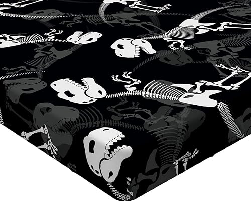 Miniatura 2 de Lunarable Dinosaur Fitted Sheet, White Color Dinosaur Skeleton Illustration Tyrannosaurus Bones Skull Print, Bed Cover with All-Round Elastic Deep