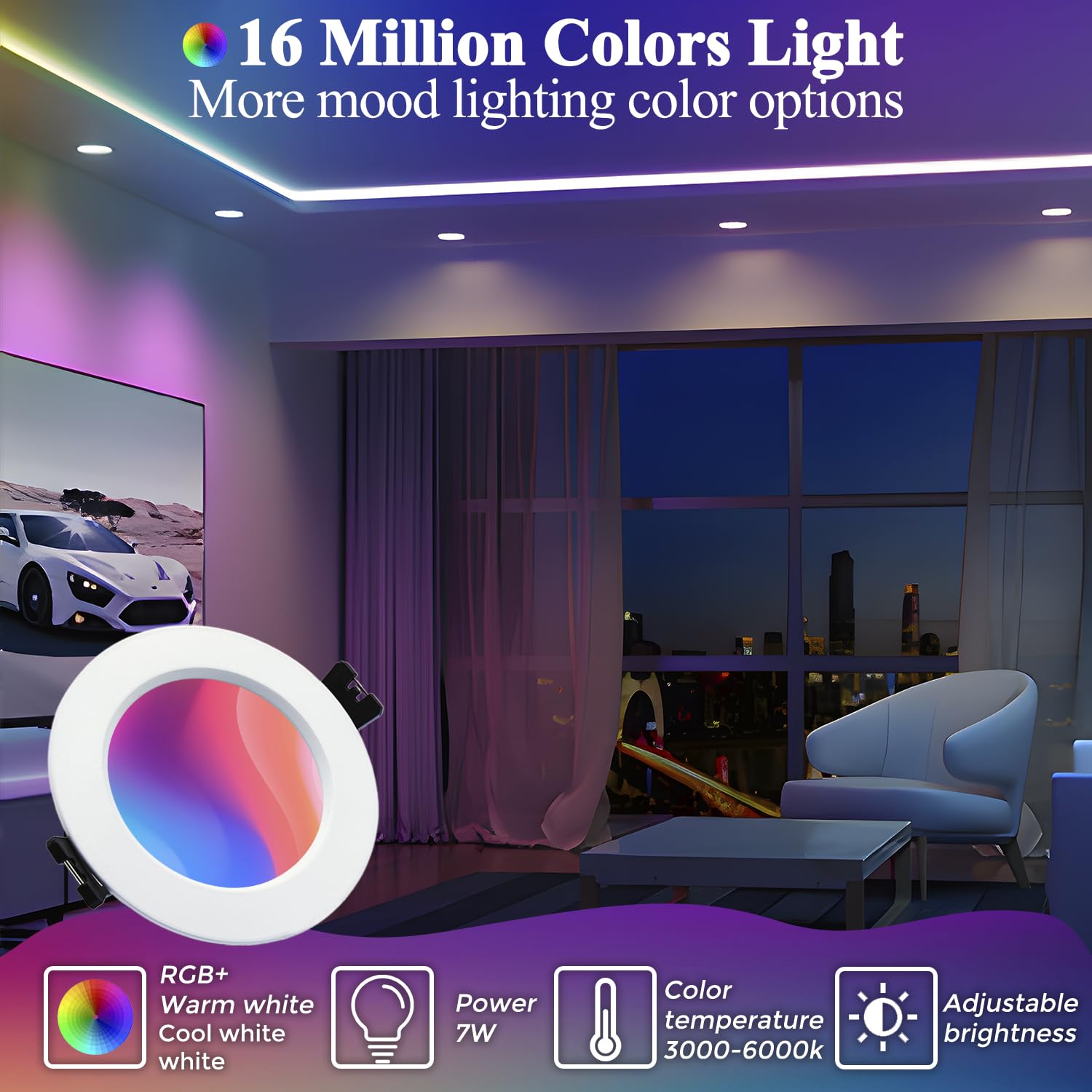 Downlight Led Techo Empotrable 230V 7W, RGB & Blanco Frío a Cálido Regulable Inteligente APP Bluetooth foco empotrable, alu, Ojos de Buey LED para baño/cocina IP44, 4 Pack