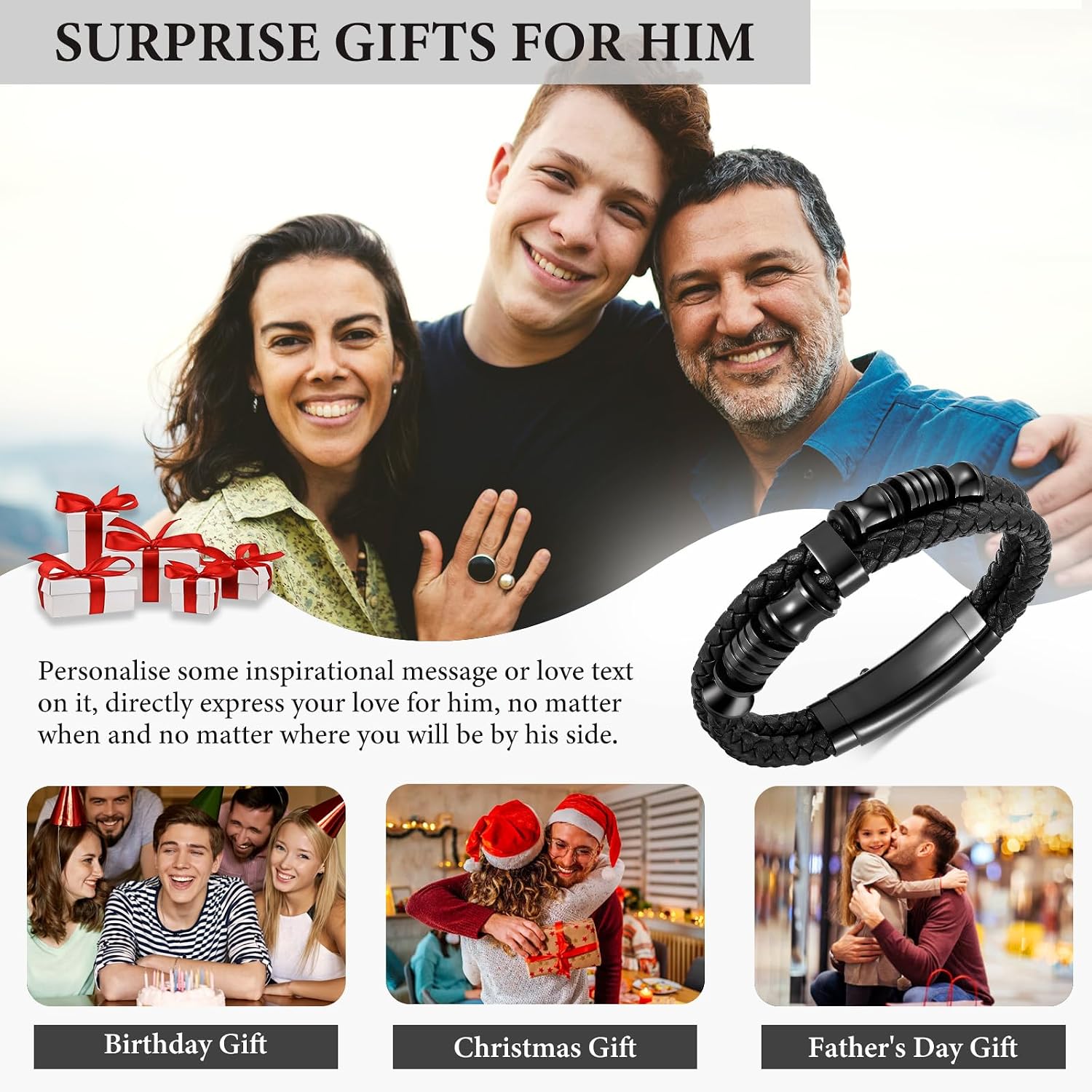 VNOX Personalized Leather Bracelet For Men - Engraved Motivational Cuff Bangle, Encouragement Gift - View #3