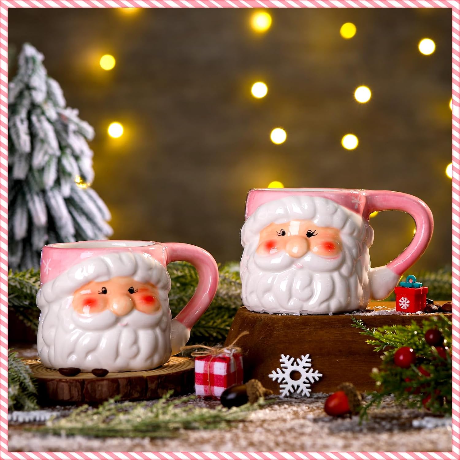 Sliner 2 Pcs Christmas Santa Coffee Mugs Vintage Santa Claus Heads Ceramic Mug Christmas Themed Design Cup Set for Coffee Tea Hot Chocolate Xmas Holiday Gifts (Pink,11 oz) image 3
