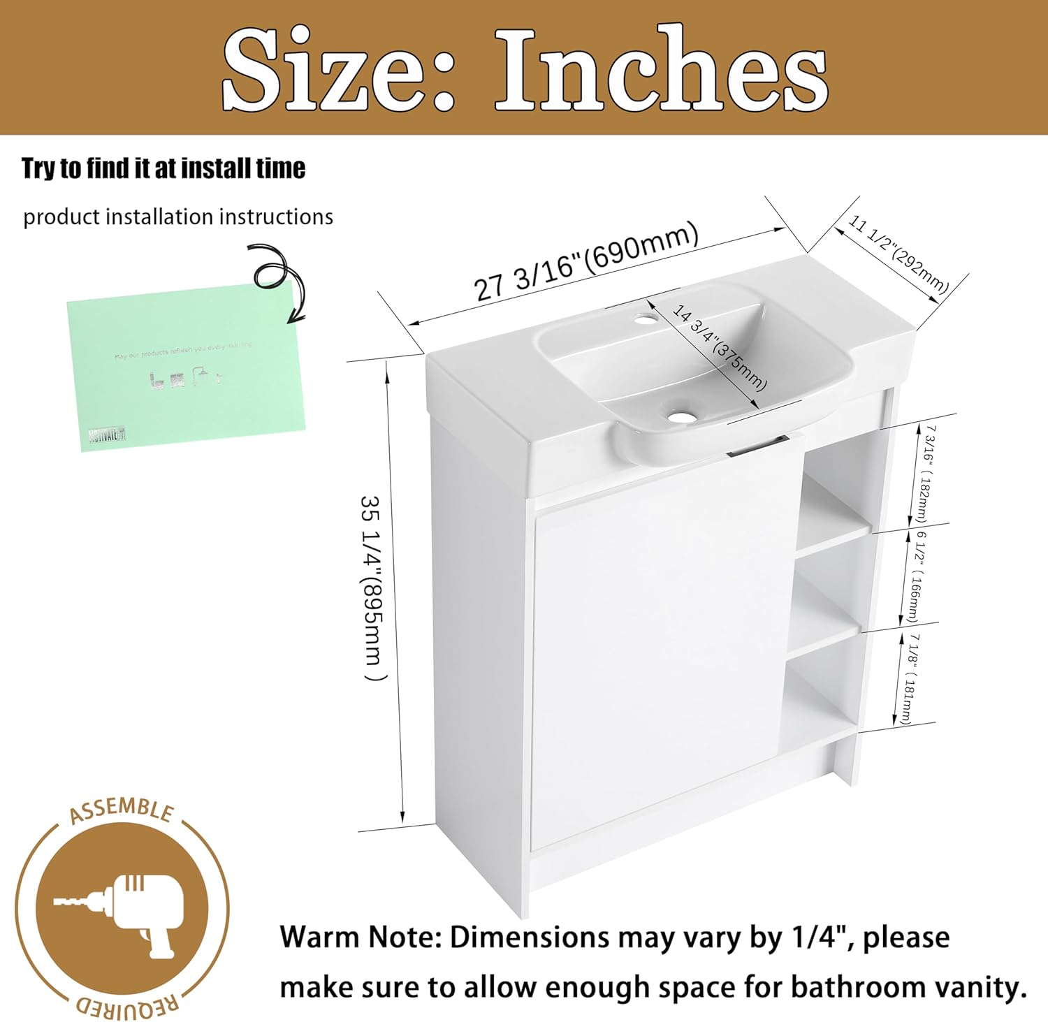 28" Freestanding Bathroom Vanity with Sink, 28 Inch Floor Stand Vanity for Small Bathrooms, Soft-Close Door Cabinet with White Ceramic Basin & Waterproof Plywood, White