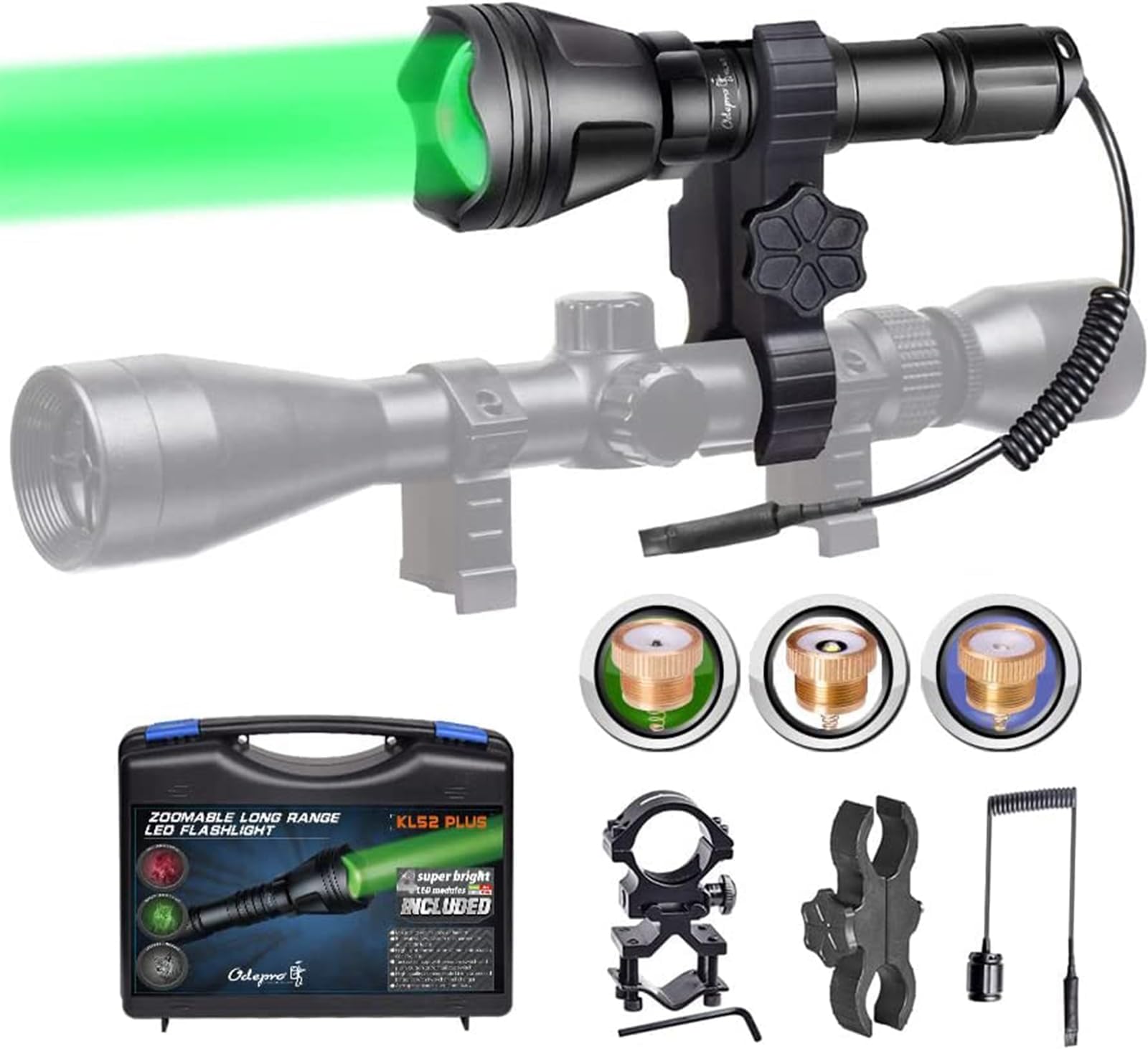 KL52Plus Zoomable Hunting Flashlight Kit with 4 Interchangeable Modules (Red, Green, White, IR850), Long Range Predator Light with Remote Pressure Switch, for Coyote, Hog, Varmint Hunting