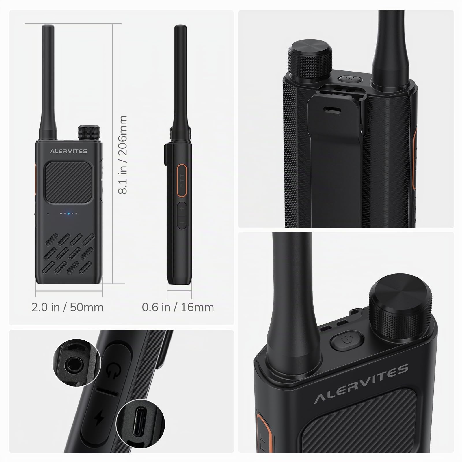 AT2 UHF Walkie Talkie con Enviar Texto e Imagen para Uso Fuera de la Red, App inalámbrica programación y Control, Doble PTT, 30CH, 2200mAh Batería, USB-C, Ideal para Senderismo, 2 Unidades