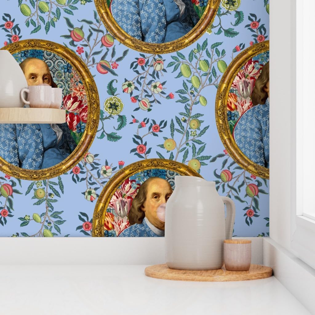 Spoonflower Removable Wallpaper 3ft x 2ft - Benjamin Franklin Bubblegum Portrait Floral Print Blue Novelty Custom Pre-Pasted Wallpaper