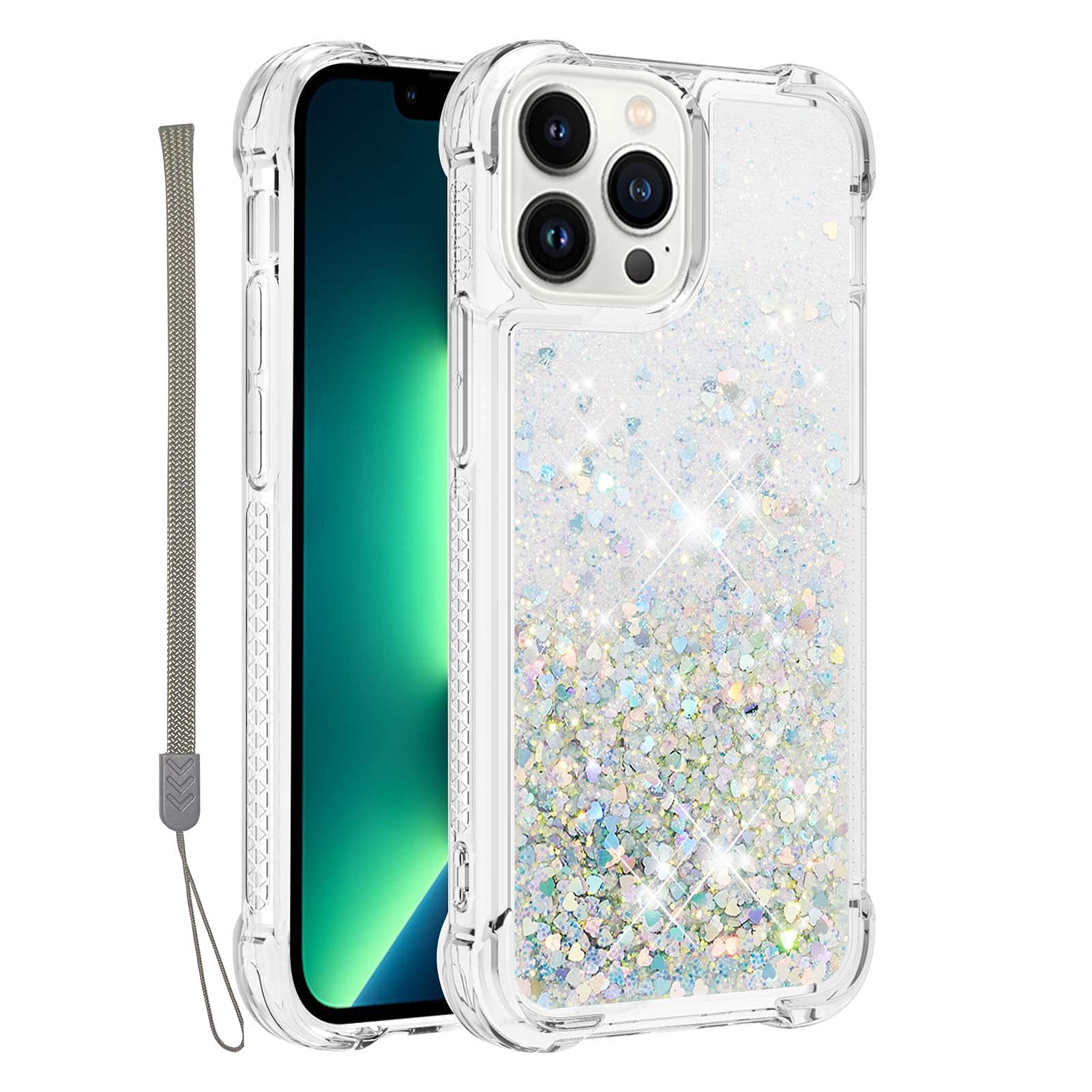 Compatible with Apple iPhone 13 Pro Max Case Clear, NVWA Slim Soft Silicone Glitter Liquid Champagne Quicksand Flowing Floating Phone Back Protective Cover with Hand Strap Women Cute Silver Love Heart