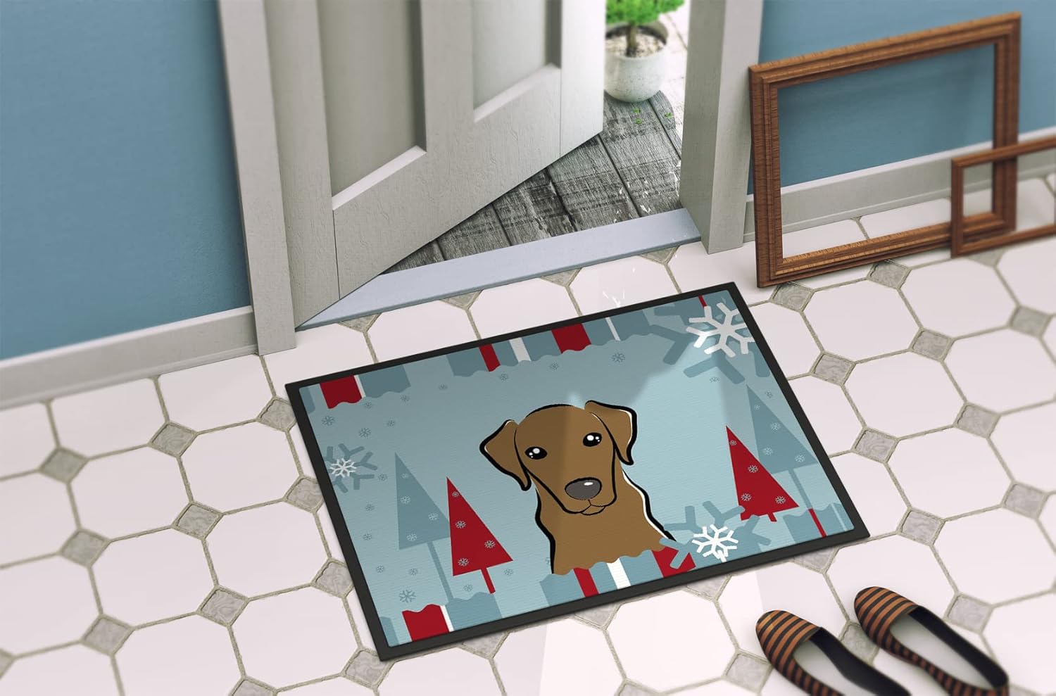 Caroline's Treasures BB1730MAT Winter Holiday Chocolate Labrador Doormat 18x27 Front Door Mat Indoor Outdoor Rugs for Entryway, Non Slip Washable Low Pile, 18H X 27W