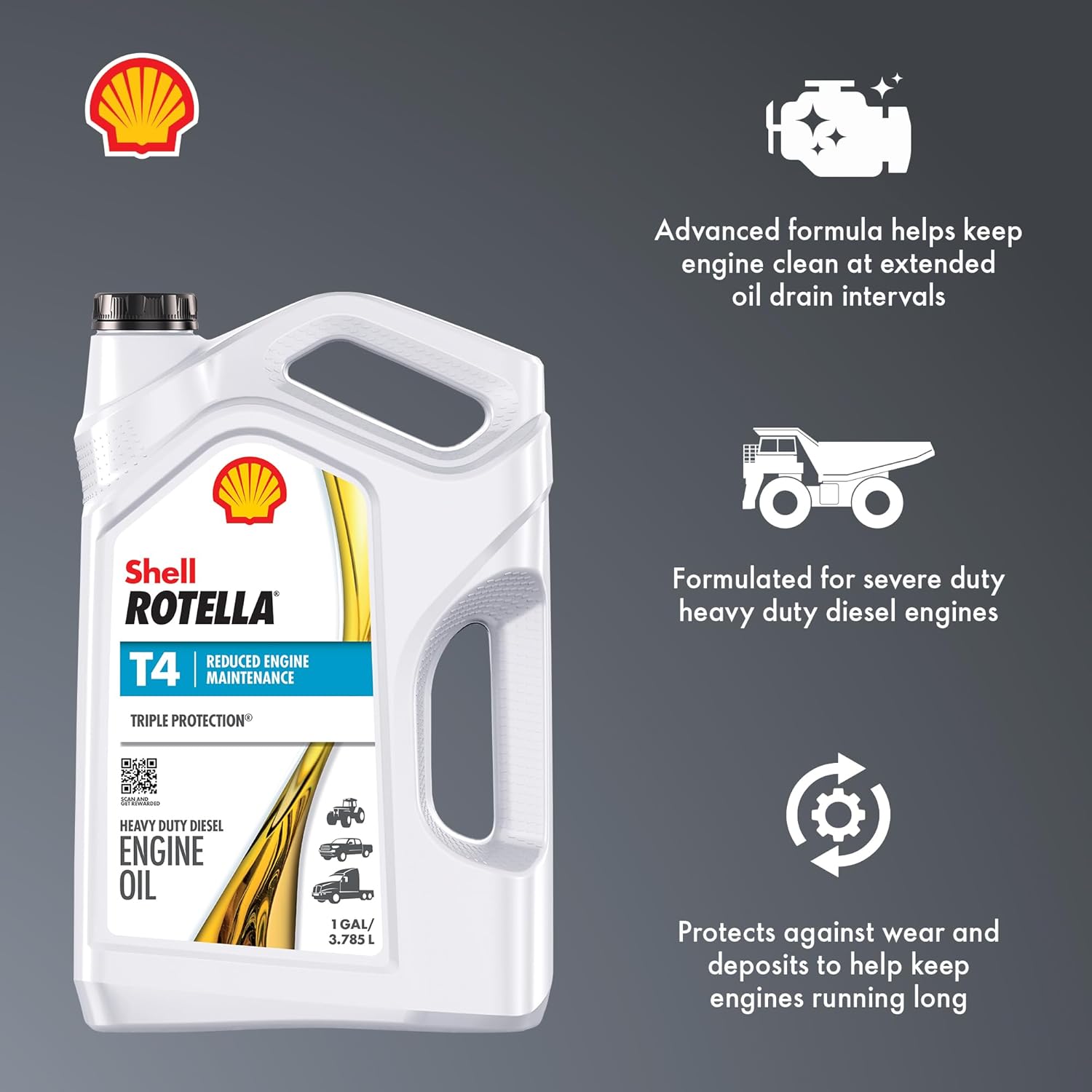 Shell Rotella T4 Triple Protection 15W-40 Diesel Engine Oil, 1 Gallon (3 Pack)