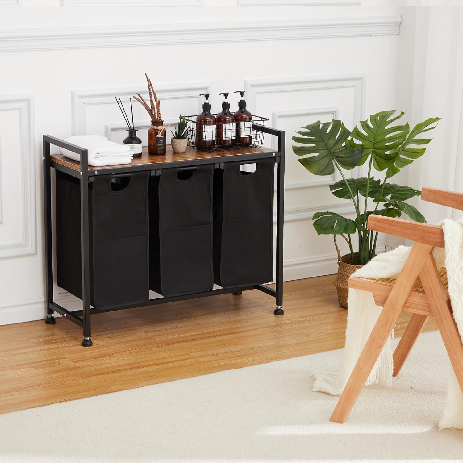 Laundry Sorter 3 Laundry Hamper with Shelf Laundry Basket 3 Organizer Pull Out Laundry Hamper Clothes Hamper Organizer for Laundry Room Bathroom and Dorm, 3 x 11.5 Gallons