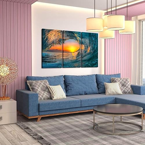 Miniatura 4 de KREATIVE ARTS Lienzo grande de 3 piezas de impresiones artísticas para pared, puesta de sol, mar, agua, olas del océano, pinturas modernas,