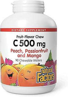 Natural Factors, Kids Chewable Vitamin C 500 mg, Supports Immune Health, Bones, Teeth and Gums, Peach, Passionfruit and Mango, 90 Wafers