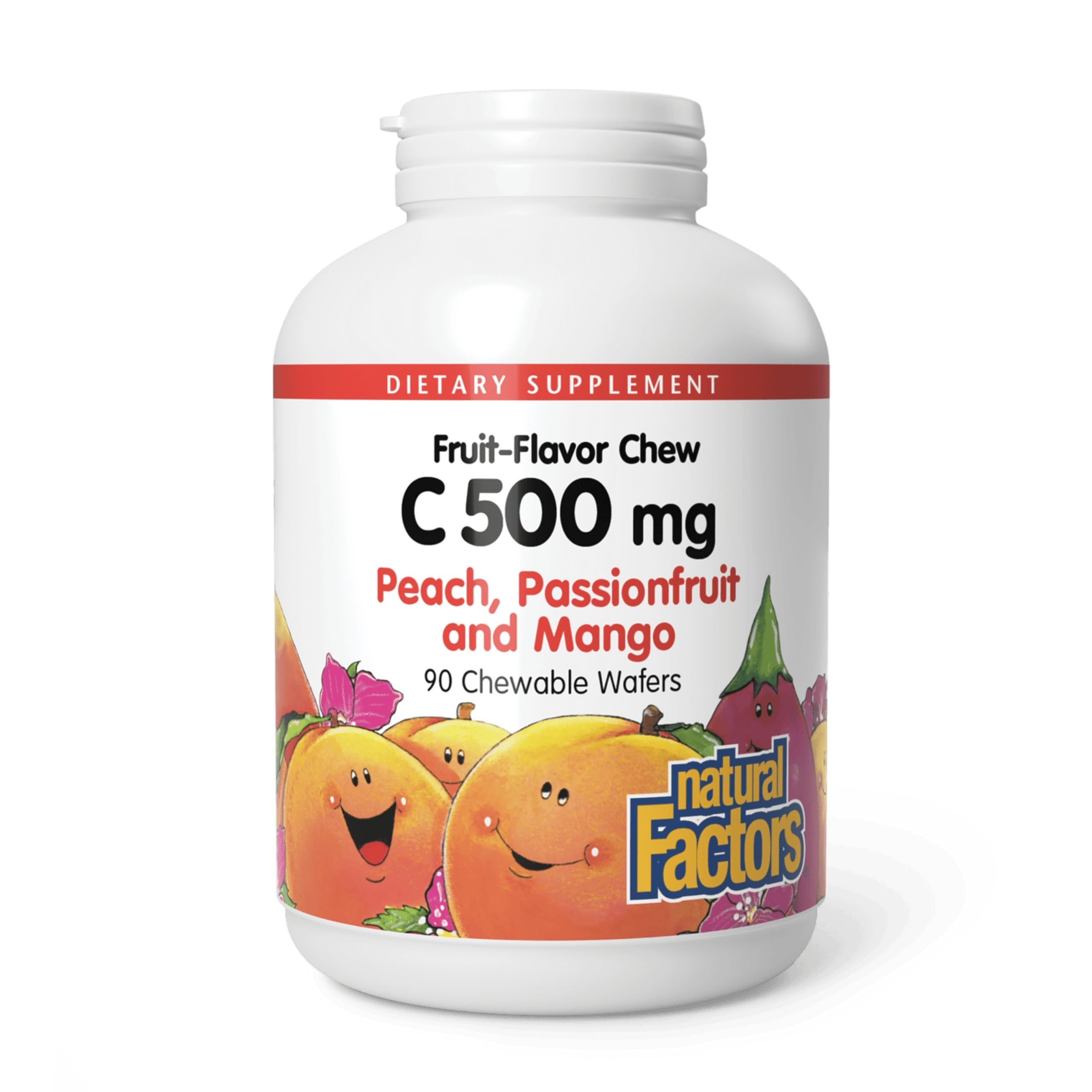 Kids Chewable Vitamin C 500 mg, Supports Immune Health, Bones, Teeth and Gums, Peach, Passionfruit and Mango, 90 Wafers
