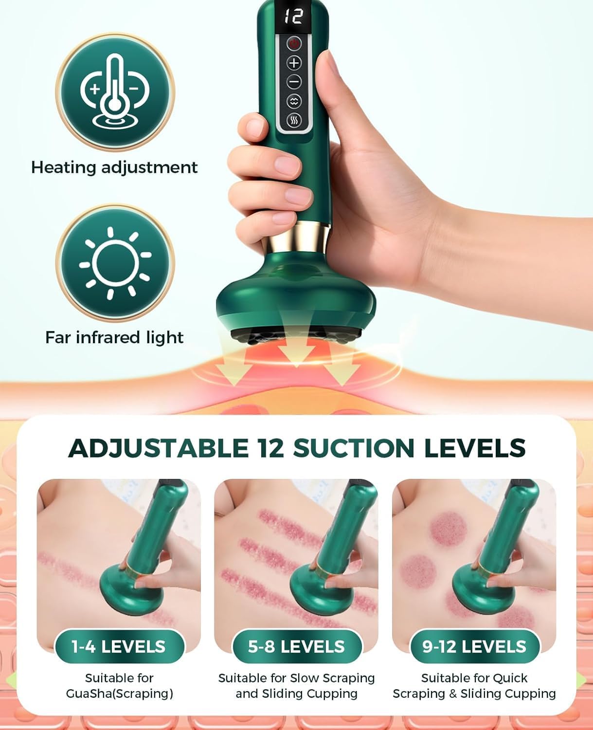 Lymphatic Drainage Massager, Electric Cupping Massager & Cellulite Massage Tool with Heat and Infrared Light, Deep Tissue Suction Gua Sha Body Massager with 12 Levels for Neck Back Legs Arms