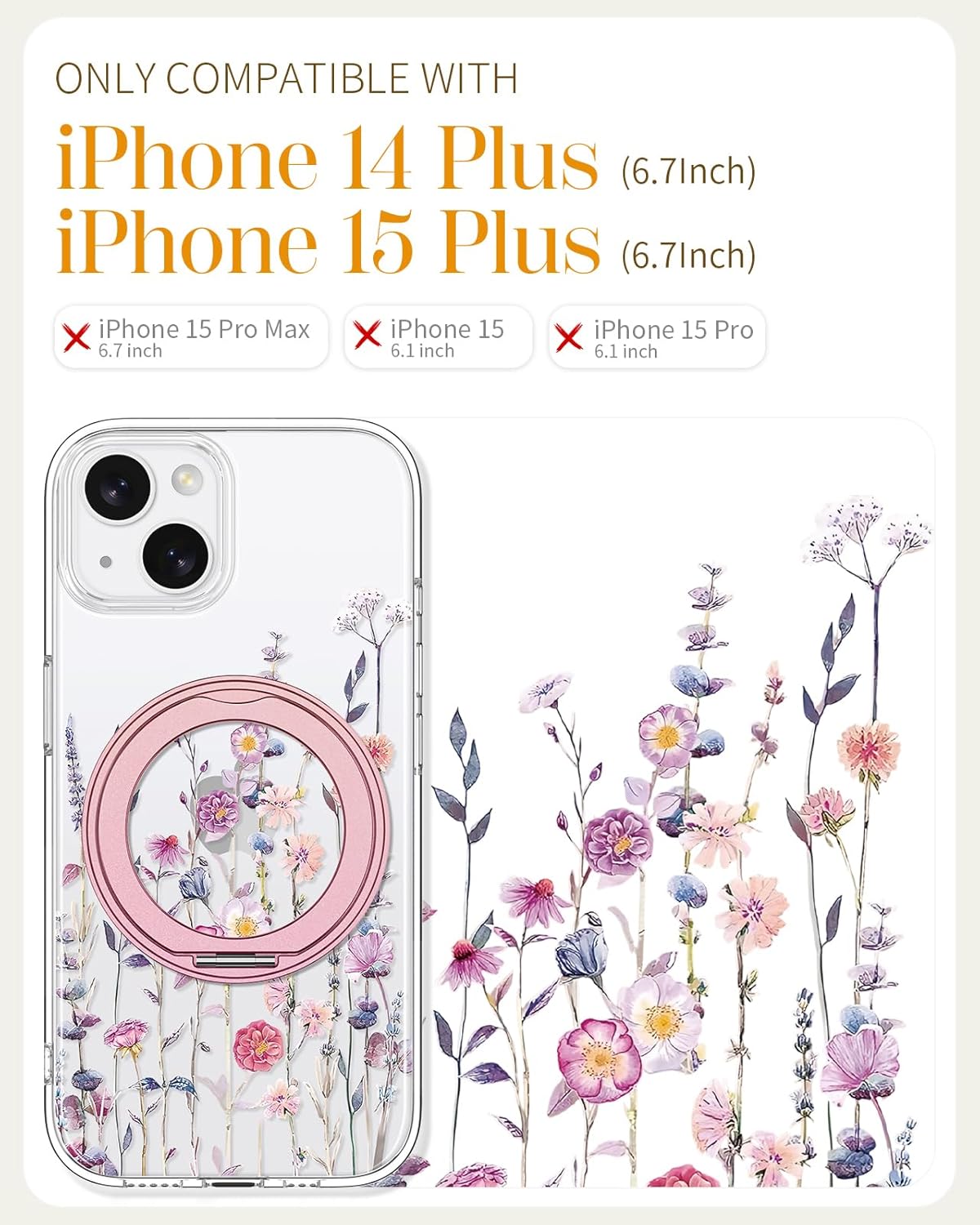 Loheckle for iPhone 15 Plus/14 Plus Case with Stand- Compatible with MagSafe Women Girls Cute Clear Aesthetic Unique Design Soft TPU Built-in Stand Phone Cover for Apple 15/14 Plus, Purple Flower - Image 2